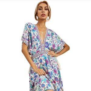 Women Summer Print Deep V Neck Cotton Beach Long Dresses SZ S 4/6